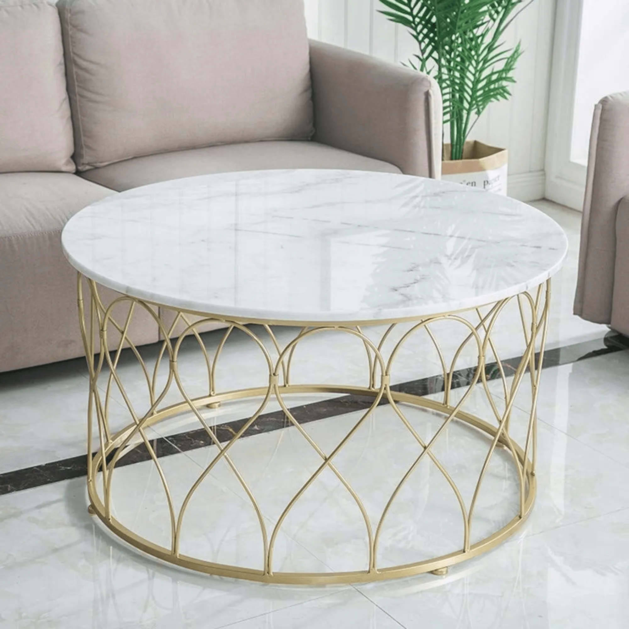 Wooden Twist Eivin Stylish Marble Finish Laminated Top Wrought Iron Coffee Table for Modern Living Room Decor