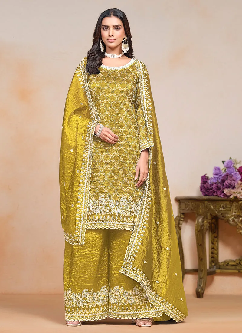 Yellow Embroidered Traditional Palazzo Suit