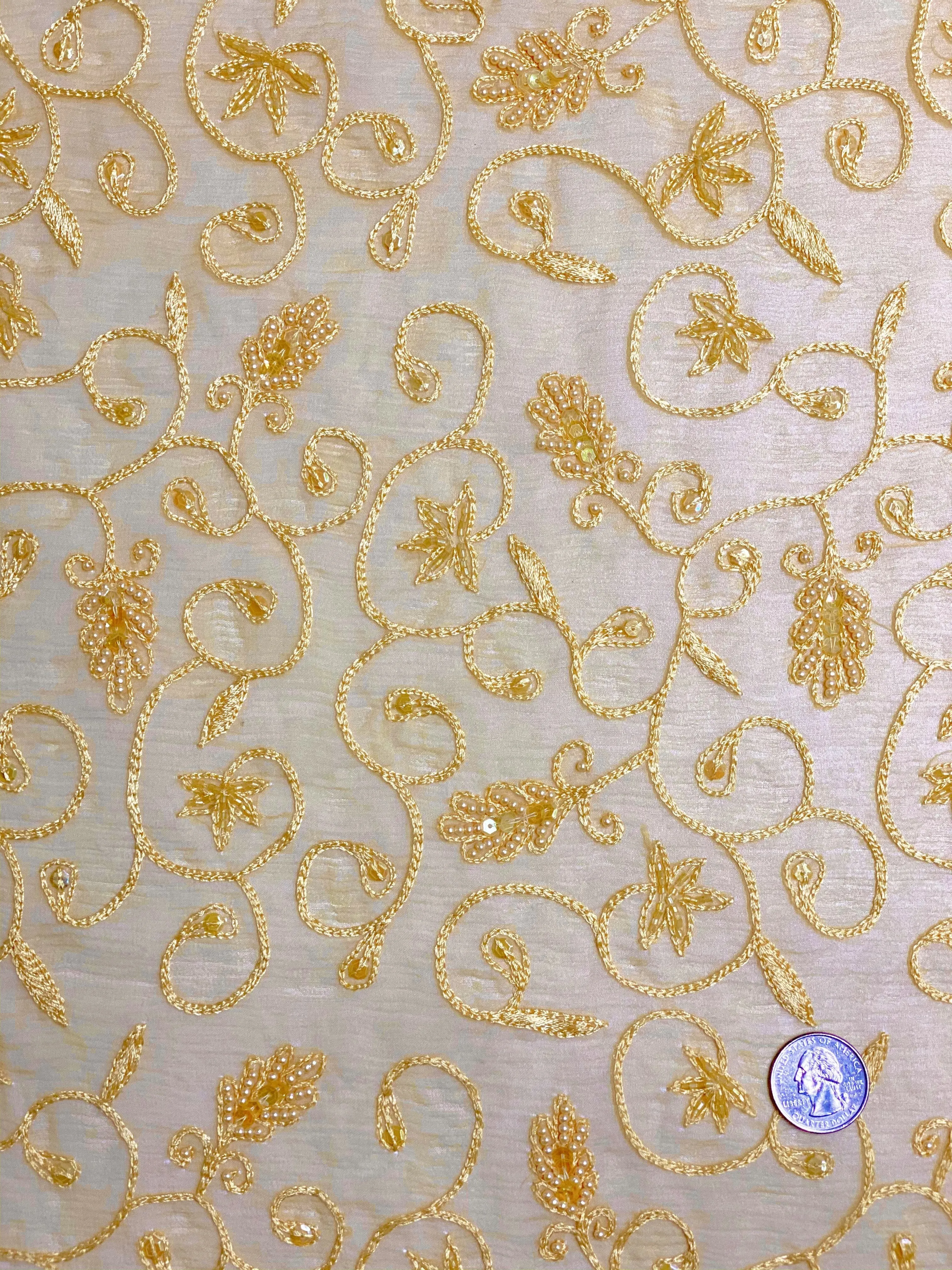 Yellow Sequin & Beads On Silk Chiffon JEC-126-10 Fabric